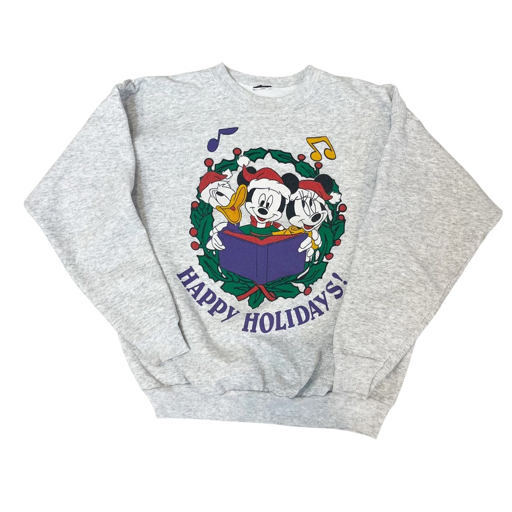 Vintage 90s Disney Mickey Mouse Christmas Sweatshirt Gray Happy Holidays MEDIUM